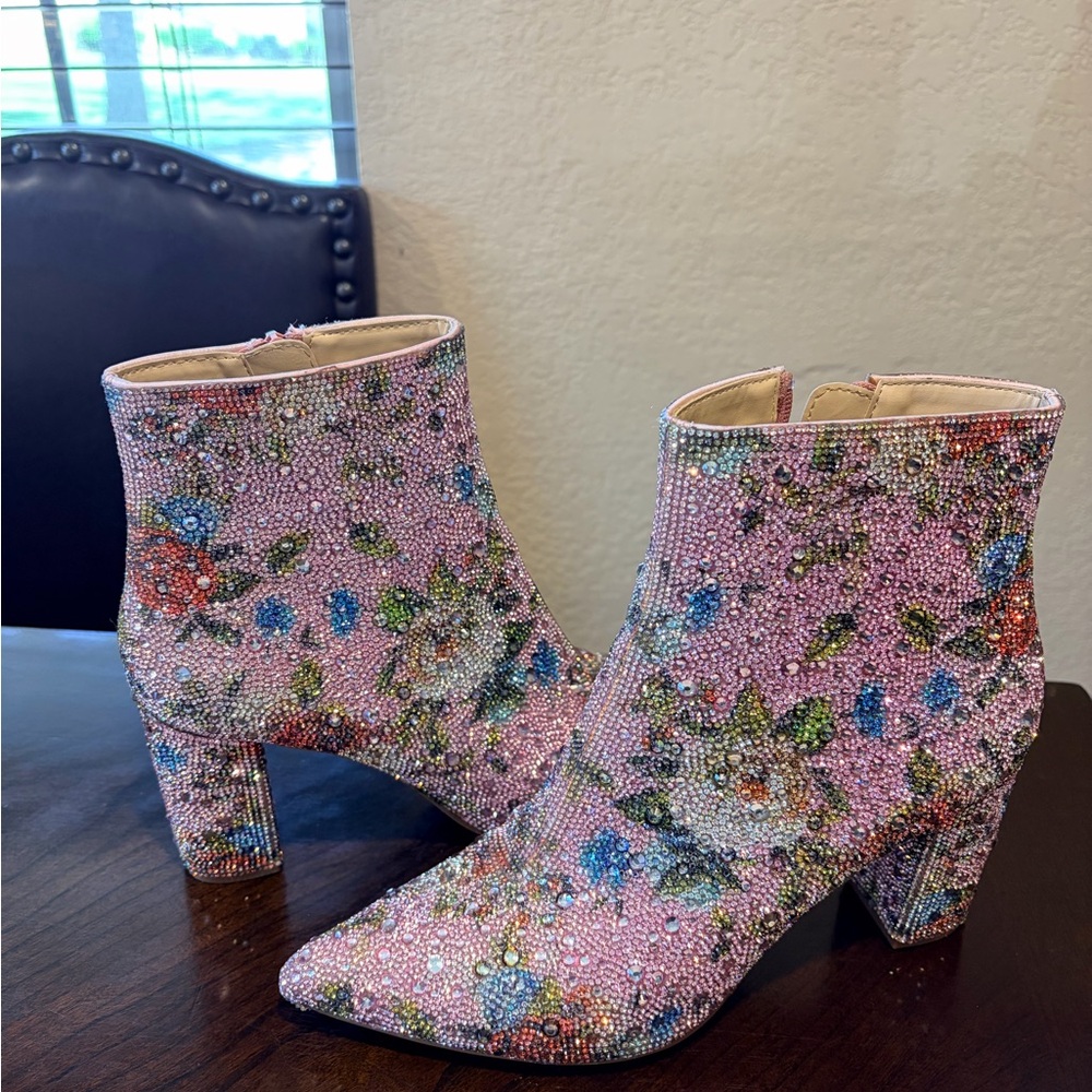Betsey Johnson Pink Crystal Floral Ankle Boots